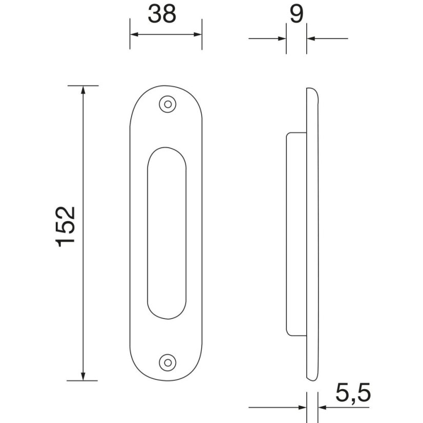 Mušle na posuvné dveře ovál 38 x 152 mm, bez otvoru
