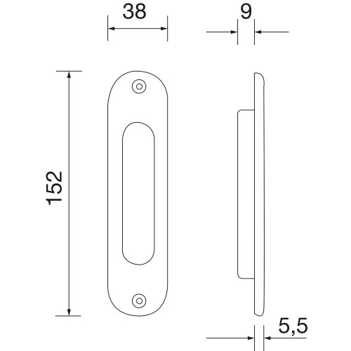 Mušle na posuvné dvere ovál  38 x 152 mm, bez otvoru - Povrchová úprava: Chróm
