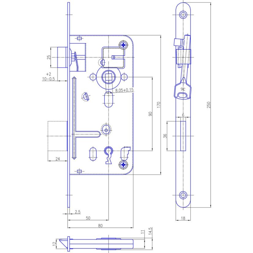 Zadlabací zámek Hobes C, DM 50 mm, rozteč 90 mm, štulp ocel pozink