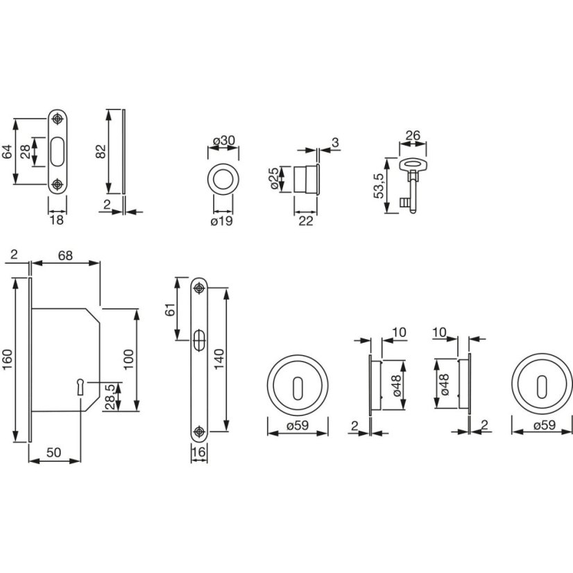 Mušle na posuvné dveře HOPPE - set 4920 s uzávěrem, kulaté